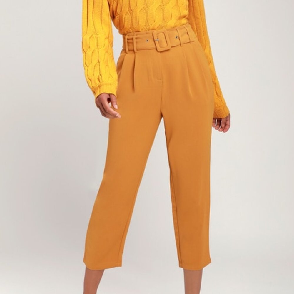 Lulus Power Moves Mustard Yellow Belted Trouser Pants - Size M
